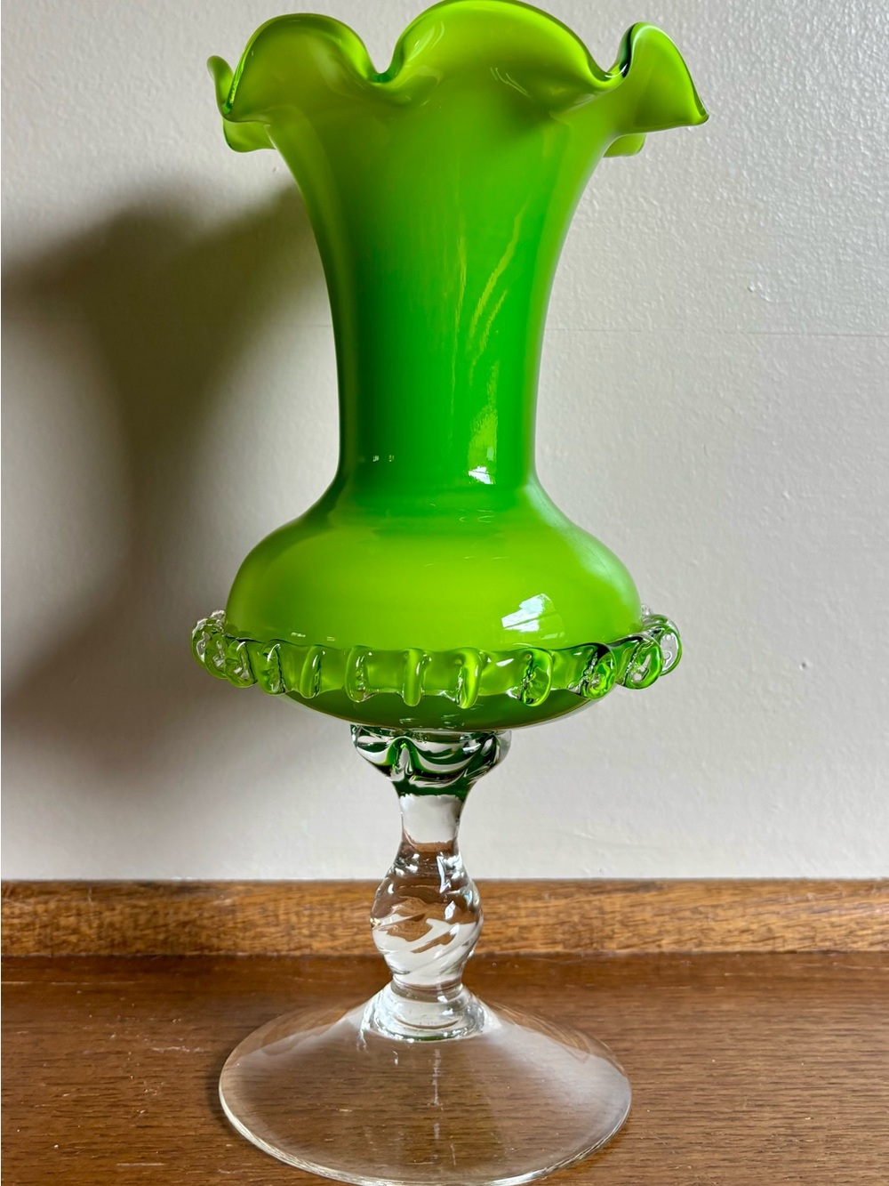 Vintage  MCM Murano Style Cased Glass Vase Green Opaline Ruffled Hand Blown